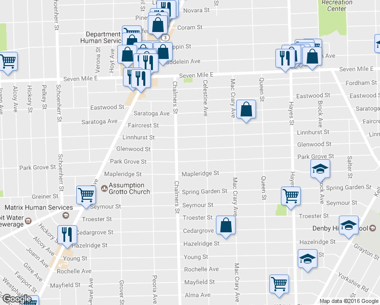 map of restaurants, bars, coffee shops, grocery stores, and more near 14452 Glenwood Street in Detroit