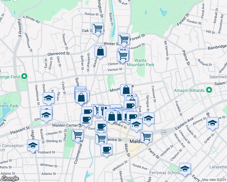 map of restaurants, bars, coffee shops, grocery stores, and more near 109 Mountain Avenue in Malden