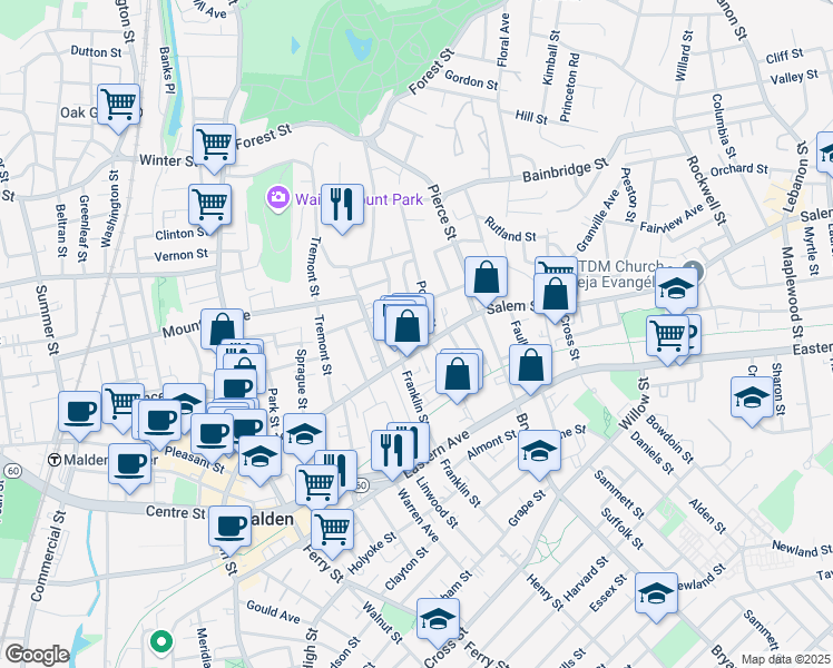 map of restaurants, bars, coffee shops, grocery stores, and more near 23-25 Wolcott Street in Malden