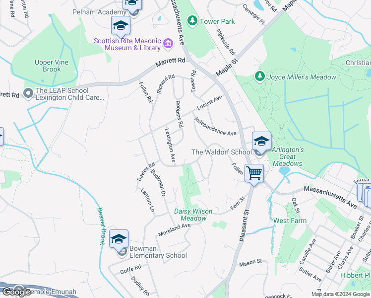 map of restaurants, bars, coffee shops, grocery stores, and more near 11 Robbins Road in Lexington
