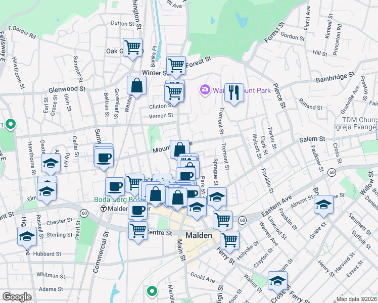 map of restaurants, bars, coffee shops, grocery stores, and more near 10 Concord Street in Malden
