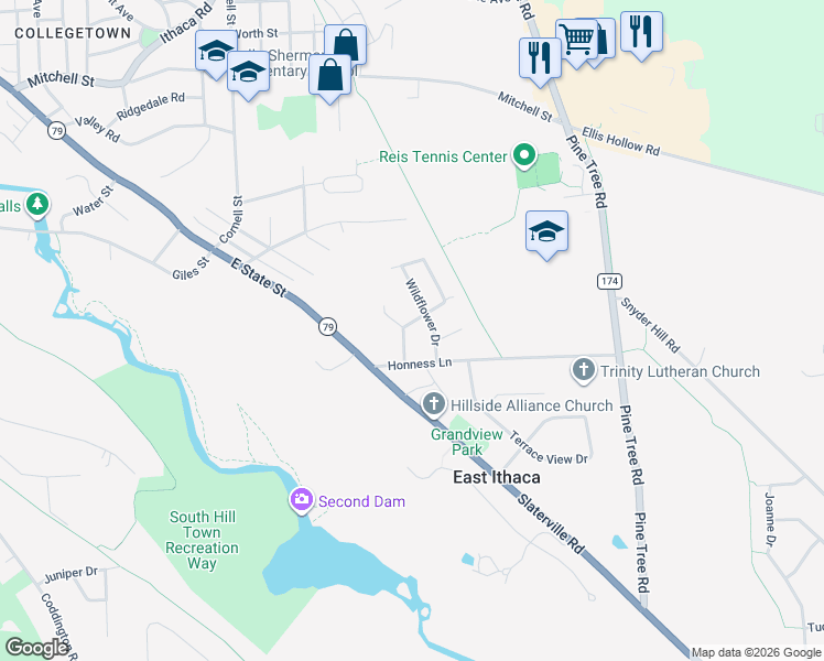 map of restaurants, bars, coffee shops, grocery stores, and more near 111 Strawberry Hill Circle in Ithaca