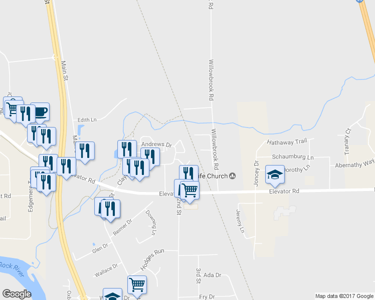 map of restaurants, bars, coffee shops, grocery stores, and more near 5692 Oak Village Drive in Roscoe