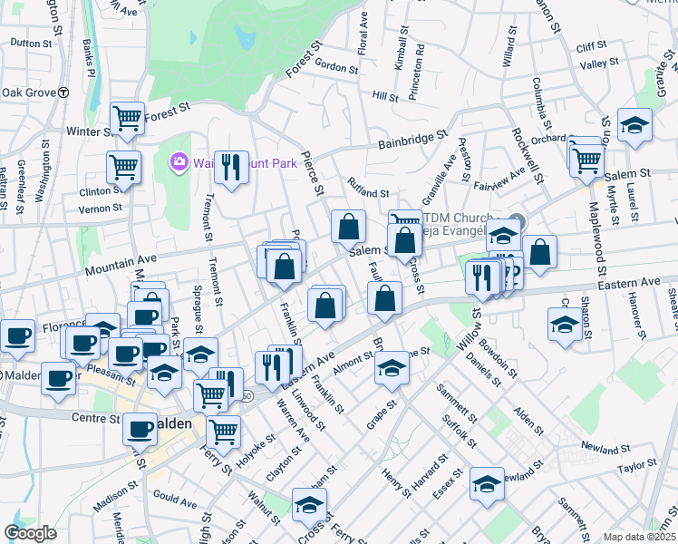 map of restaurants, bars, coffee shops, grocery stores, and more near 8 Harding Avenue in Malden