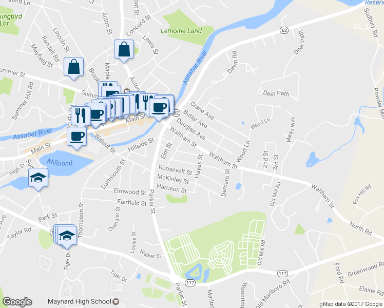 map of restaurants, bars, coffee shops, grocery stores, and more near 10 Grant Street in Maynard