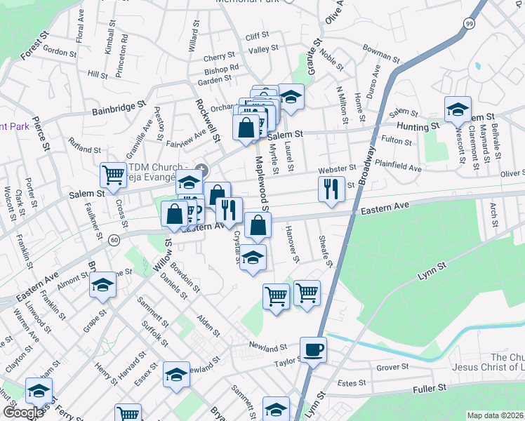 map of restaurants, bars, coffee shops, grocery stores, and more near 93 Maplewood Street in Malden