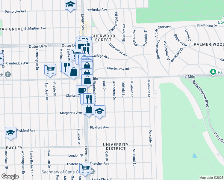 map of restaurants, bars, coffee shops, grocery stores, and more near 18955 Birchcrest Drive in Detroit