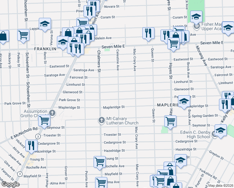 map of restaurants, bars, coffee shops, grocery stores, and more near 14614 Glenwood Street in Detroit