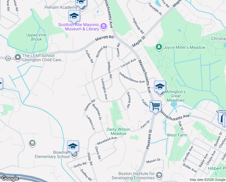 map of restaurants, bars, coffee shops, grocery stores, and more near 11 Robbins Road in Lexington