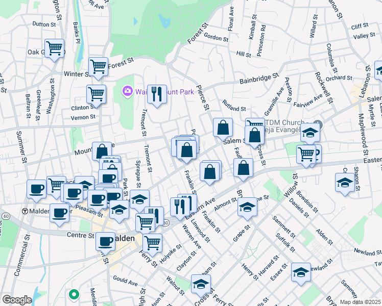 map of restaurants, bars, coffee shops, grocery stores, and more near 23-25 Wolcott Street in Malden