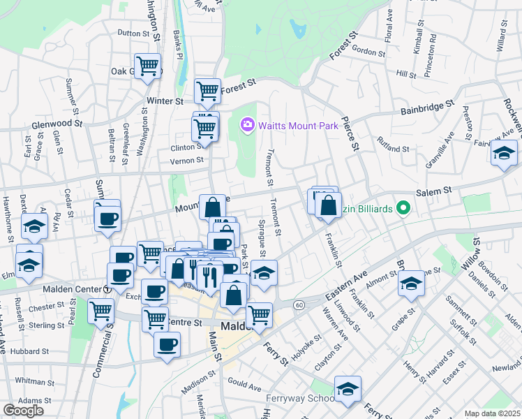 map of restaurants, bars, coffee shops, grocery stores, and more near 42 Concord Street in Malden
