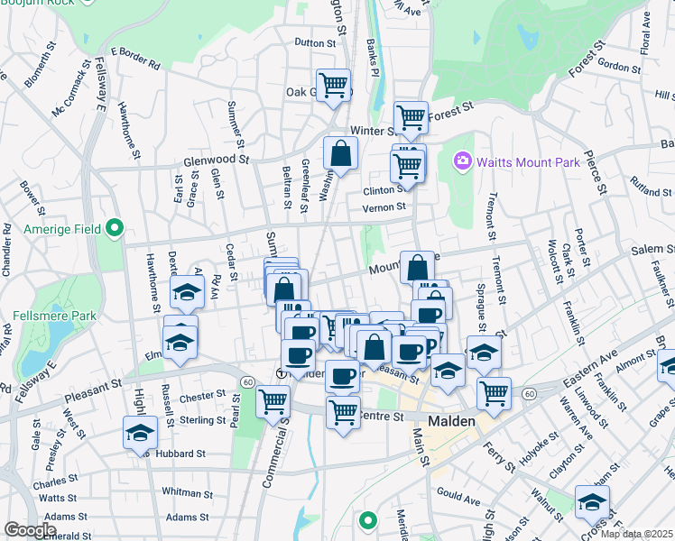 map of restaurants, bars, coffee shops, grocery stores, and more near 11 Washington Place in Malden