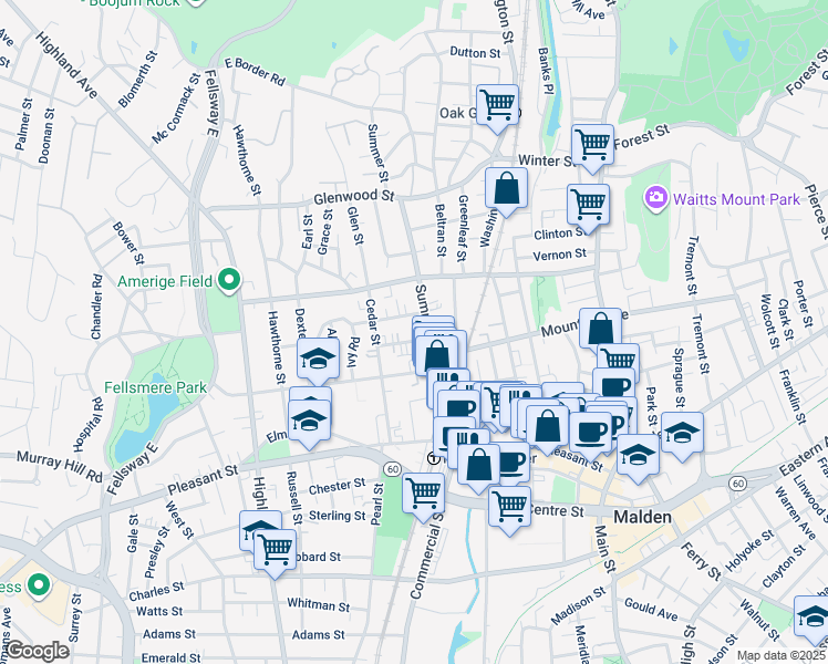 map of restaurants, bars, coffee shops, grocery stores, and more near 110 Summer Street in Malden