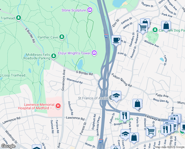 map of restaurants, bars, coffee shops, grocery stores, and more near 30 South Border Road in Medford