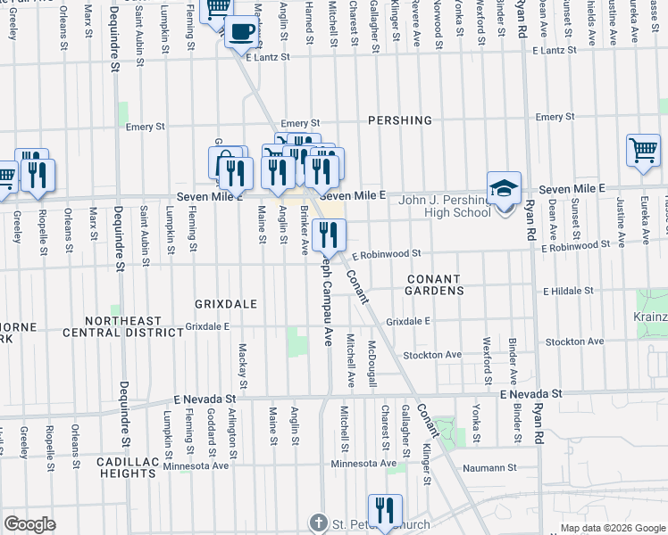 map of restaurants, bars, coffee shops, grocery stores, and more near 18665 Joseph Campau Avenue in Detroit