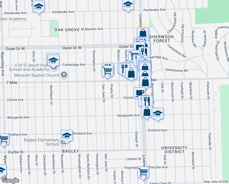 map of restaurants, bars, coffee shops, grocery stores, and more near 18951 Monica Street in Detroit