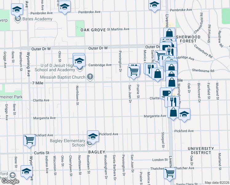 map of restaurants, bars, coffee shops, grocery stores, and more near 18961 Santa Barbara Drive in Detroit