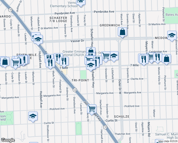 map of restaurants, bars, coffee shops, grocery stores, and more near 18984 Tracey Street in Detroit
