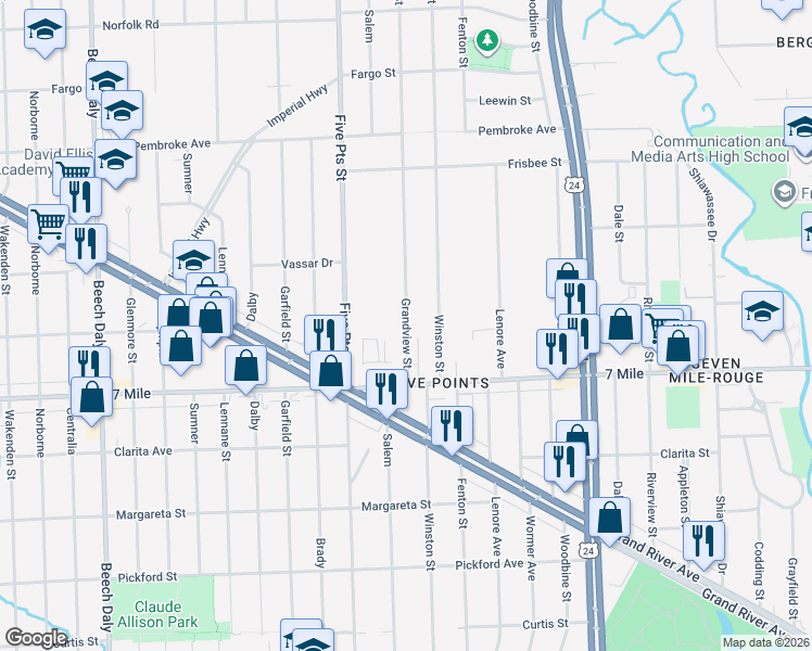 map of restaurants, bars, coffee shops, grocery stores, and more near 19236 Grandview Street in Detroit