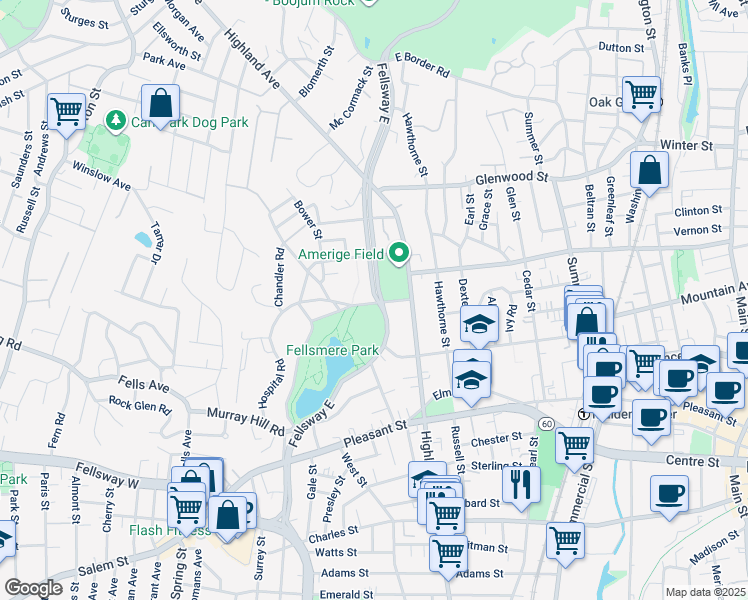 map of restaurants, bars, coffee shops, grocery stores, and more near 304 Fellsway East in Malden