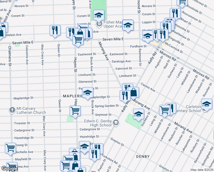 map of restaurants, bars, coffee shops, grocery stores, and more near 15515 Park Grove Street in Detroit
