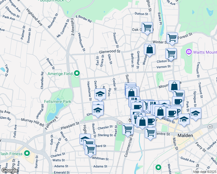 map of restaurants, bars, coffee shops, grocery stores, and more near 44 Rockland Avenue in Malden
