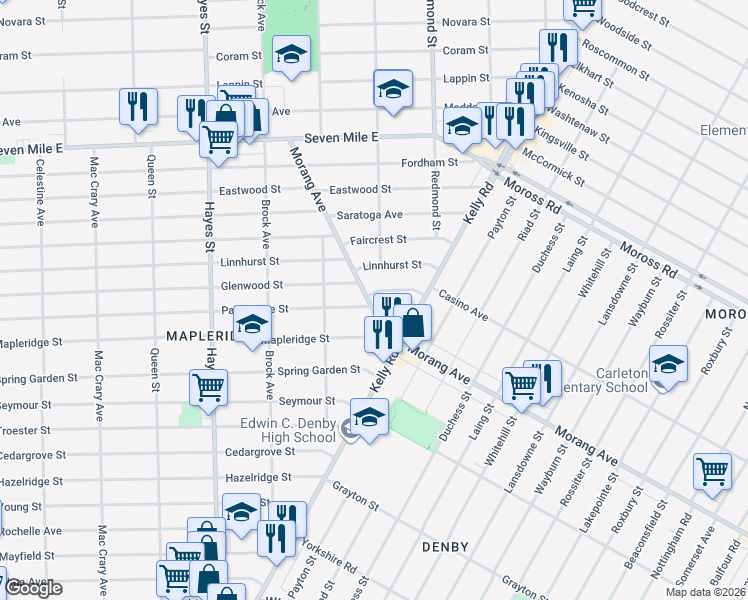 map of restaurants, bars, coffee shops, grocery stores, and more near 18438 Morang Avenue in Detroit