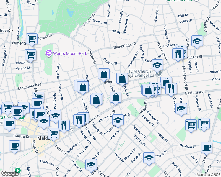 map of restaurants, bars, coffee shops, grocery stores, and more near 19 Faulkner Street in Malden