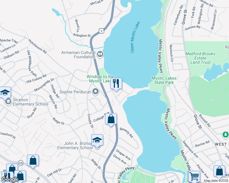 map of restaurants, bars, coffee shops, grocery stores, and more near 4 Intervale Road in Arlington