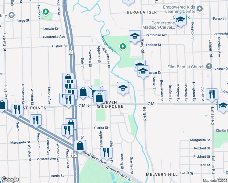 map of restaurants, bars, coffee shops, grocery stores, and more near 19200 Shiawassee Drive in Detroit