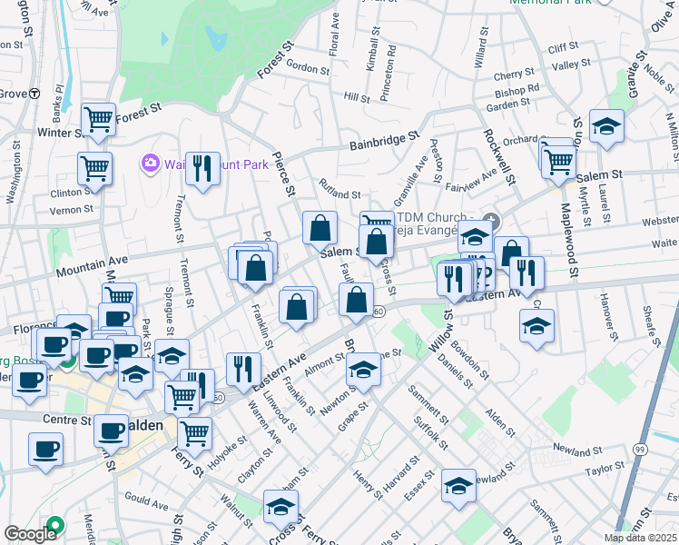 map of restaurants, bars, coffee shops, grocery stores, and more near 19 Faulkner Street in Malden