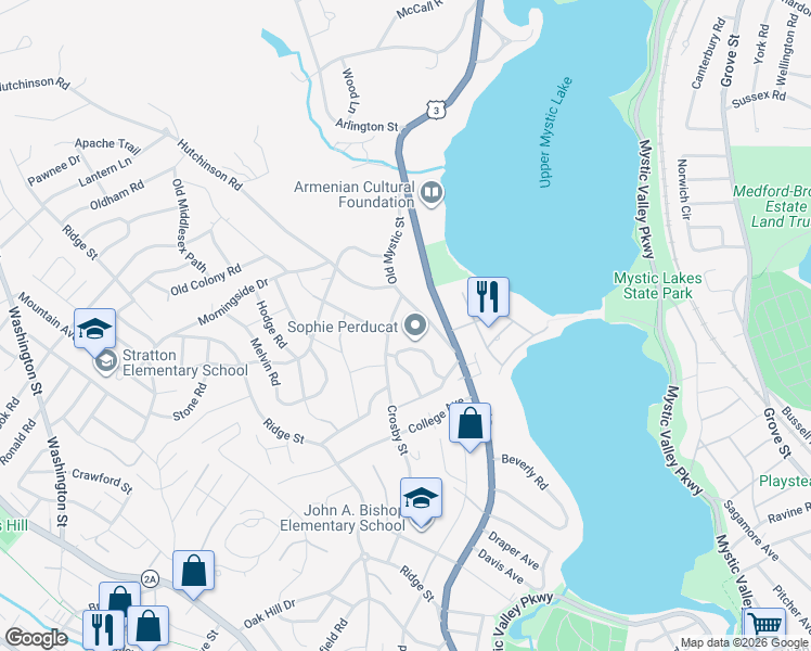 map of restaurants, bars, coffee shops, grocery stores, and more near 215 Crosby Street in Arlington