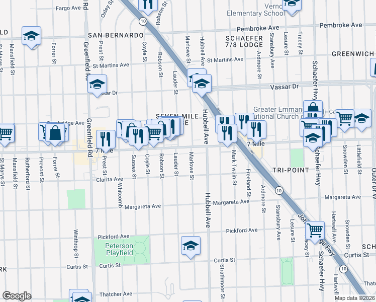 map of restaurants, bars, coffee shops, grocery stores, and more near 14701 West Seven Mile Road in Detroit