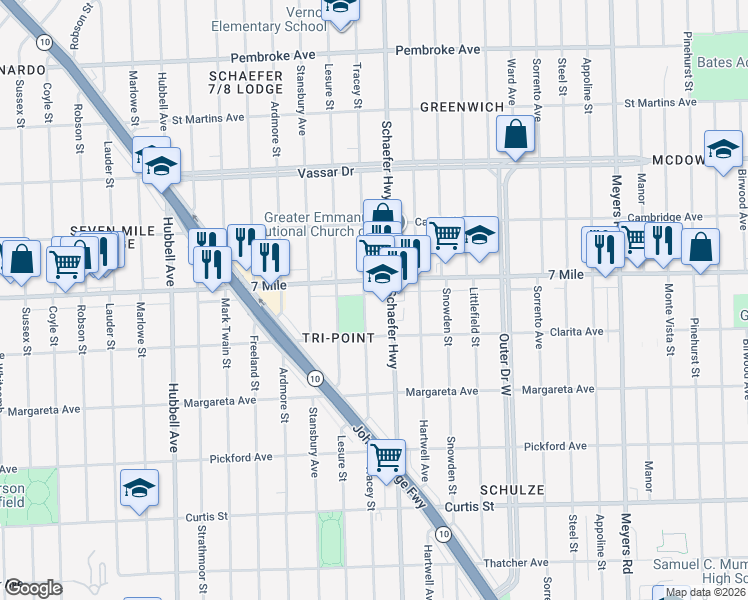 map of restaurants, bars, coffee shops, grocery stores, and more near 18984 Tracey Street in Detroit