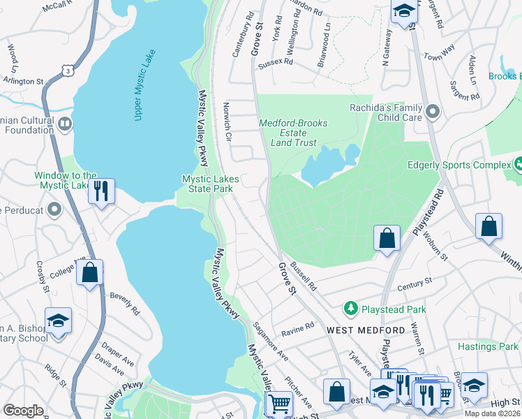 map of restaurants, bars, coffee shops, grocery stores, and more near 250 Grove Street in Medford