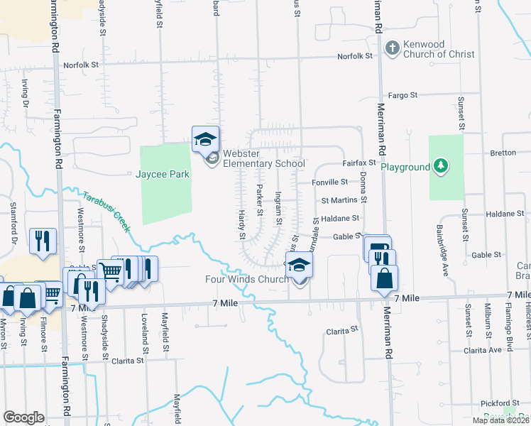 map of restaurants, bars, coffee shops, grocery stores, and more near 19532 Parker Street in Livonia