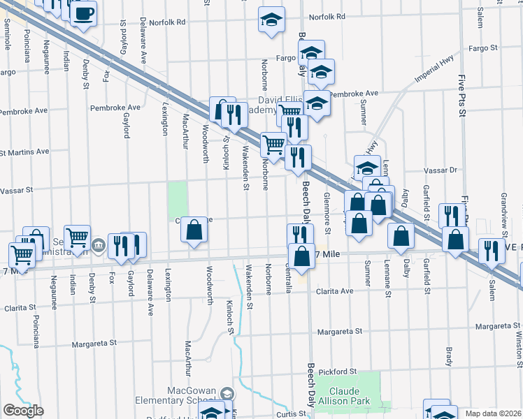 map of restaurants, bars, coffee shops, grocery stores, and more near 19317 Norborne in Redford Charter Township