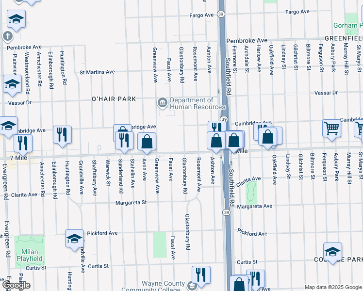 map of restaurants, bars, coffee shops, grocery stores, and more near 19127 Glastonbury Road in Detroit