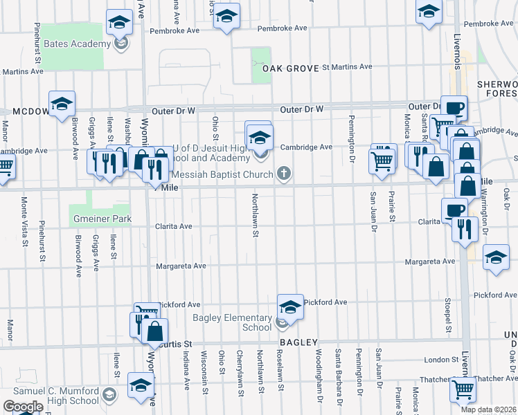 map of restaurants, bars, coffee shops, grocery stores, and more near 18954 Northlawn Street in Detroit