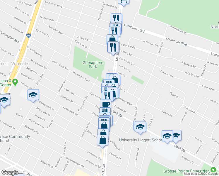 map of restaurants, bars, coffee shops, grocery stores, and more near 19869 Mack Avenue in Grosse Pointe Woods