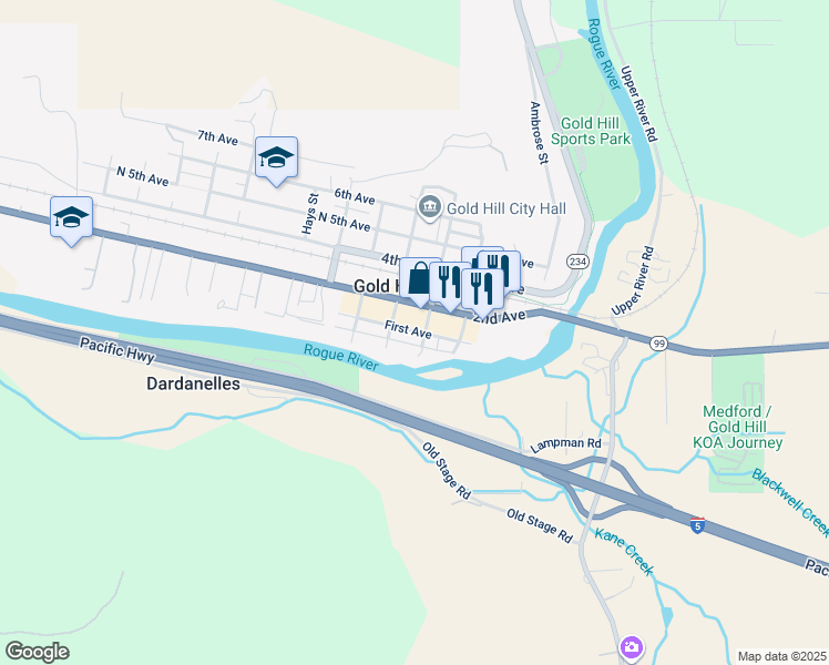 map of restaurants, bars, coffee shops, grocery stores, and more near 420 First Avenue in Central Point