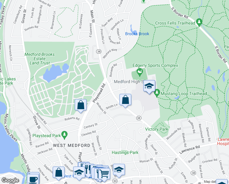 map of restaurants, bars, coffee shops, grocery stores, and more near 587 Winthrop Street in Medford