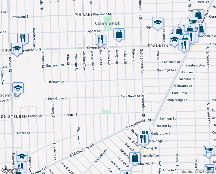 map of restaurants, bars, coffee shops, grocery stores, and more near 18472 Fairport Street in Detroit