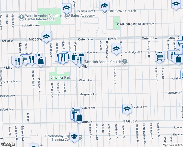 map of restaurants, bars, coffee shops, grocery stores, and more near 18952 Indiana St in Detroit