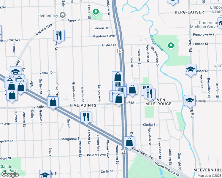 map of restaurants, bars, coffee shops, grocery stores, and more near 19225 Woodbine Street in Detroit