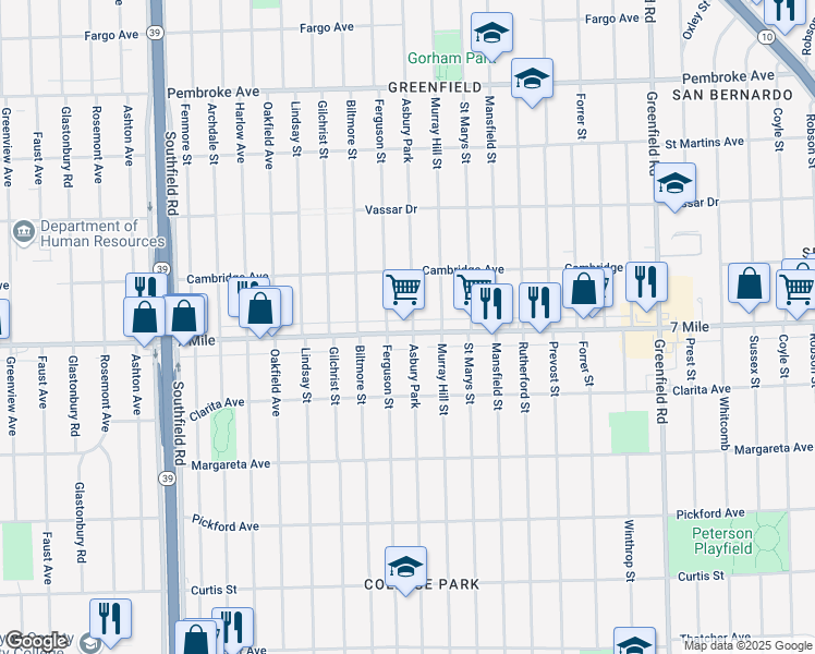 map of restaurants, bars, coffee shops, grocery stores, and more near 16402 West Seven Mile Road in Detroit