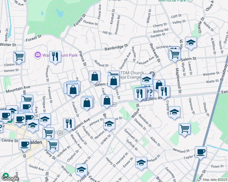 map of restaurants, bars, coffee shops, grocery stores, and more near 662 Cross Street in Malden