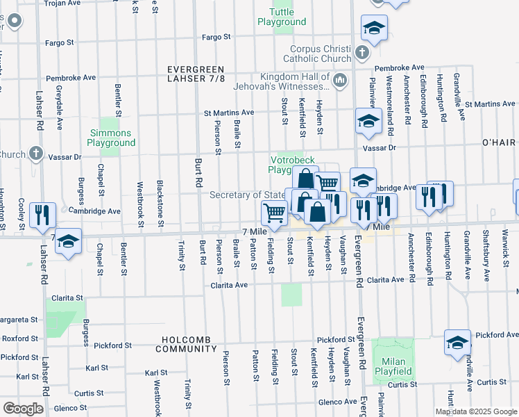 map of restaurants, bars, coffee shops, grocery stores, and more near 19162 Patton Street in Detroit
