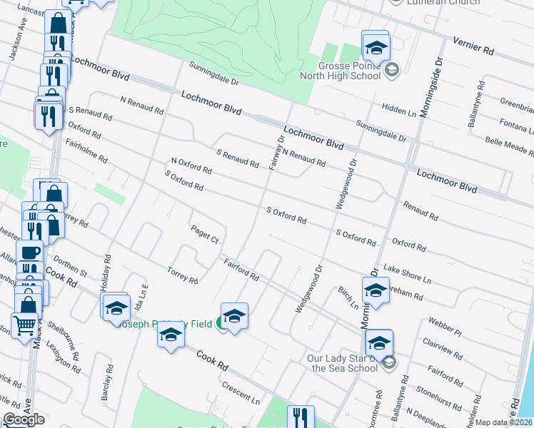 map of restaurants, bars, coffee shops, grocery stores, and more near 1011 South Oxford Road in Grosse Pointe Woods