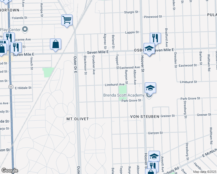map of restaurants, bars, coffee shops, grocery stores, and more near 18509 Beland Street in Detroit